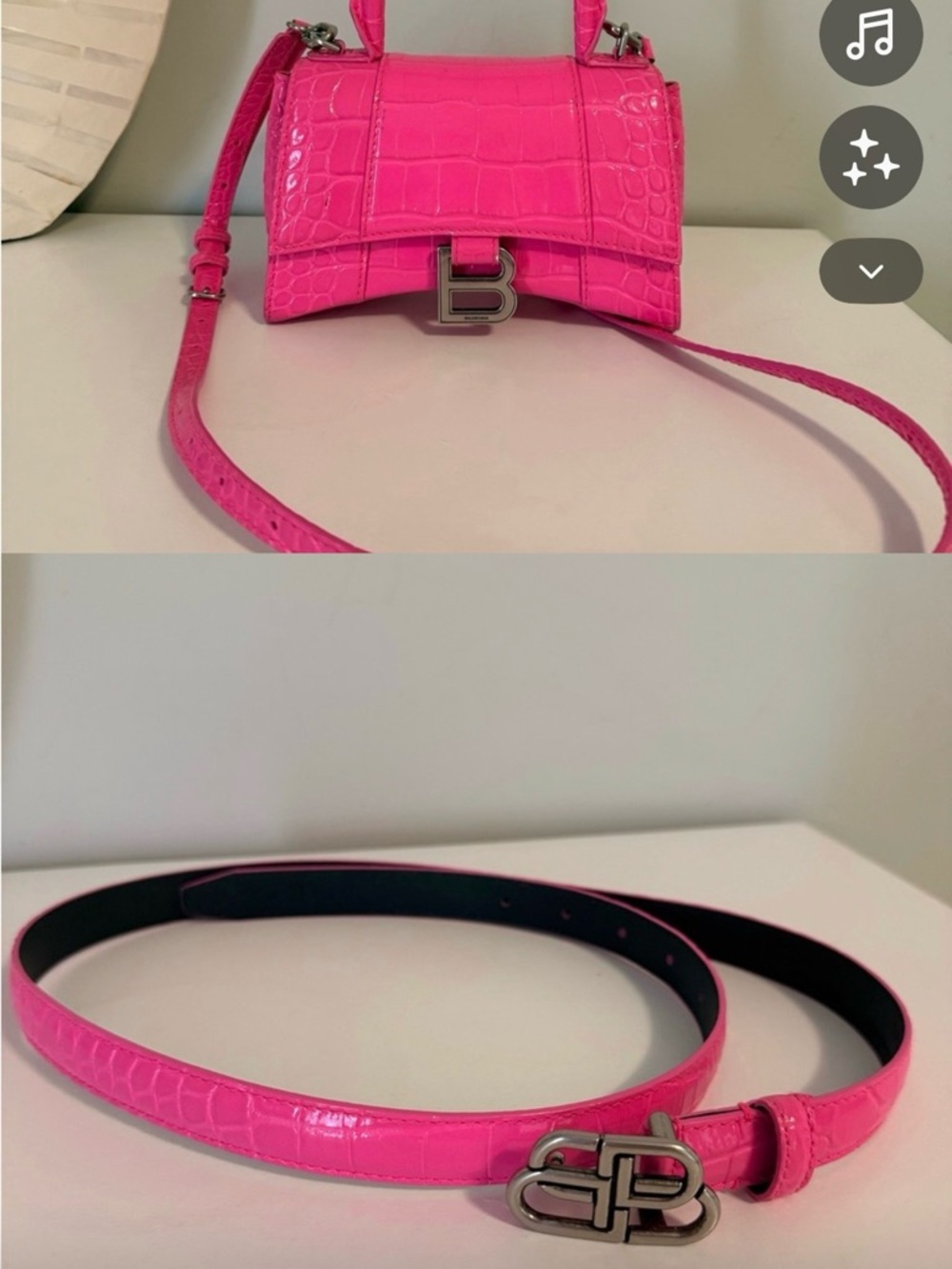 Balenciaga Belt and Mini Hourglass Top Handle Bag - Hot Pink Croc-Embossed